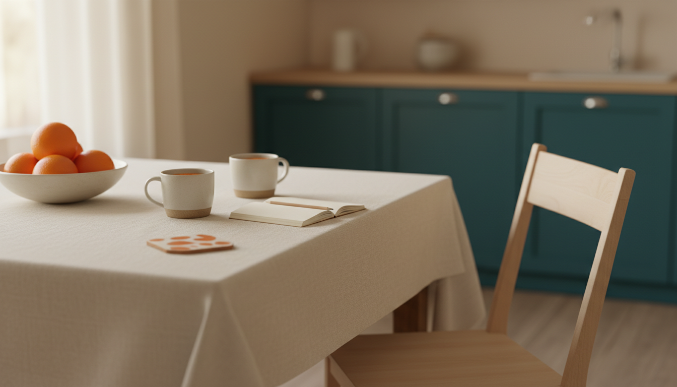 A kitchen table in early evening light with two mugs of tea, an open notebook and a pencil.