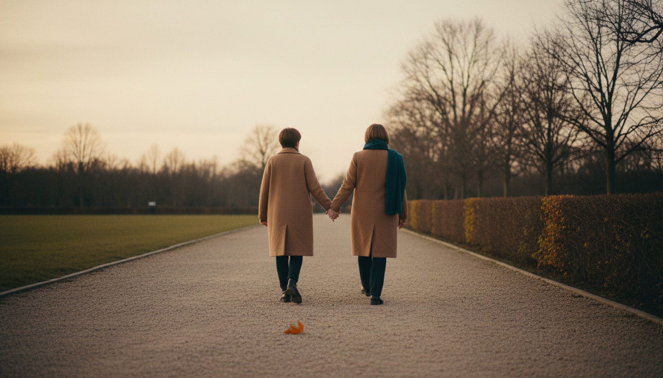 Two people walking side by side along a path at dusk, seen from behind, one with a hand open at their side toward the other.