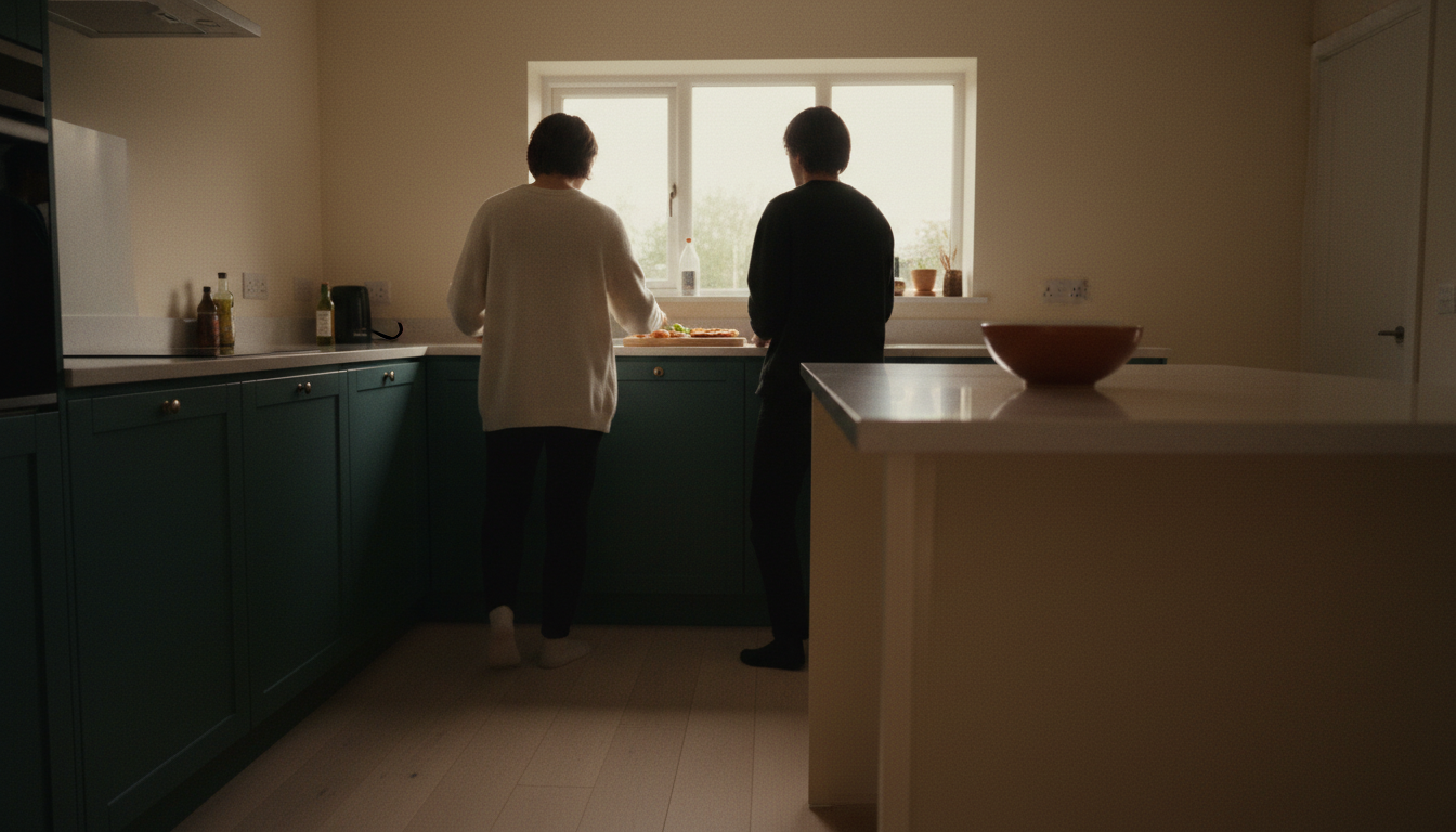 Two people in a kitchen in the evening, both seen from behind, one stepping away toward the worktop while the other stays turned toward them.