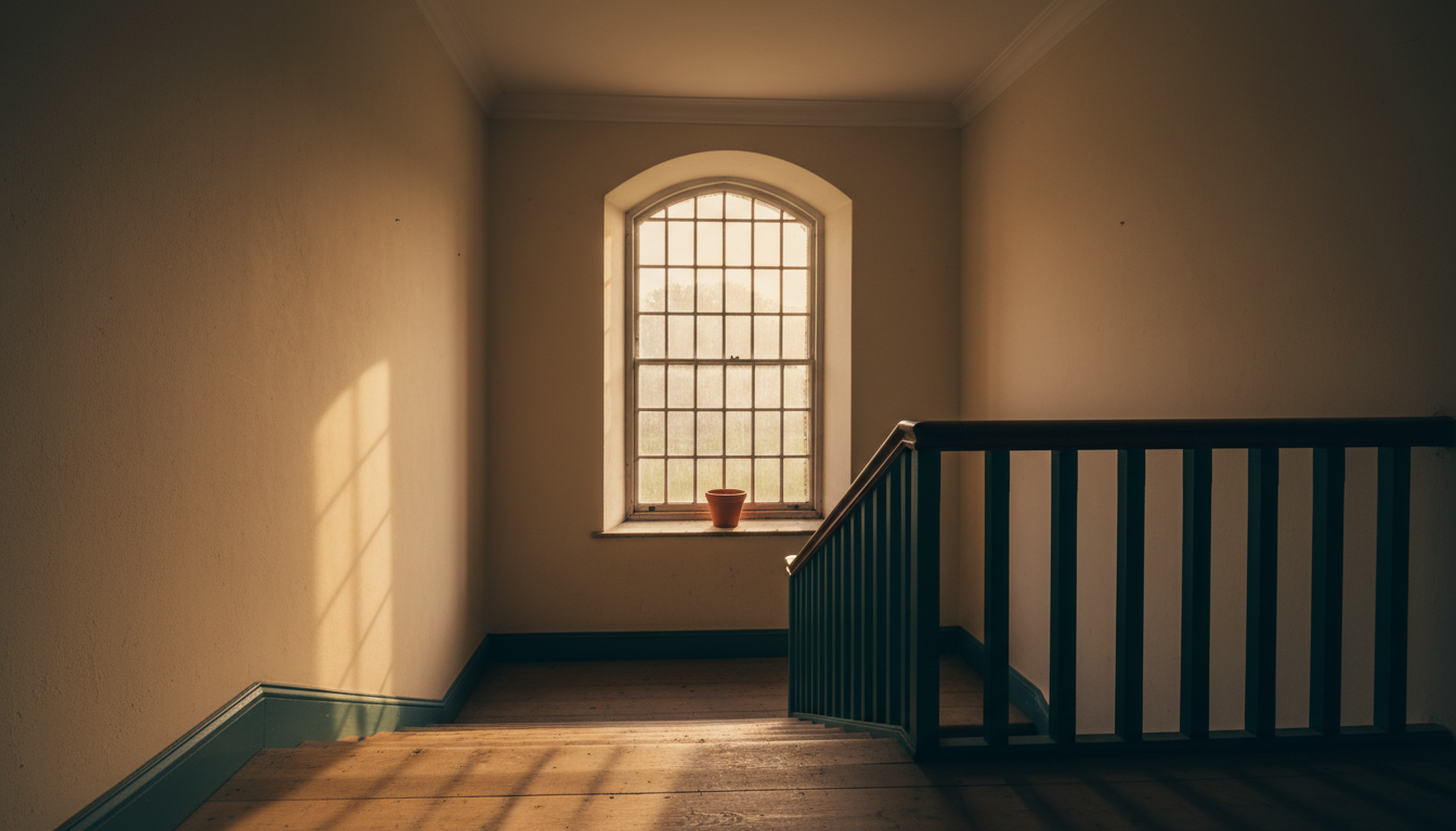 An empty stairwell landing with a tall window, evening light falling across the steps.