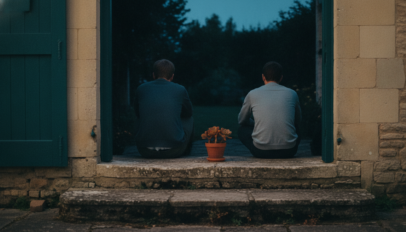 Two people sitting side by side on a back step at dusk, neither facing the other, a pause between them.