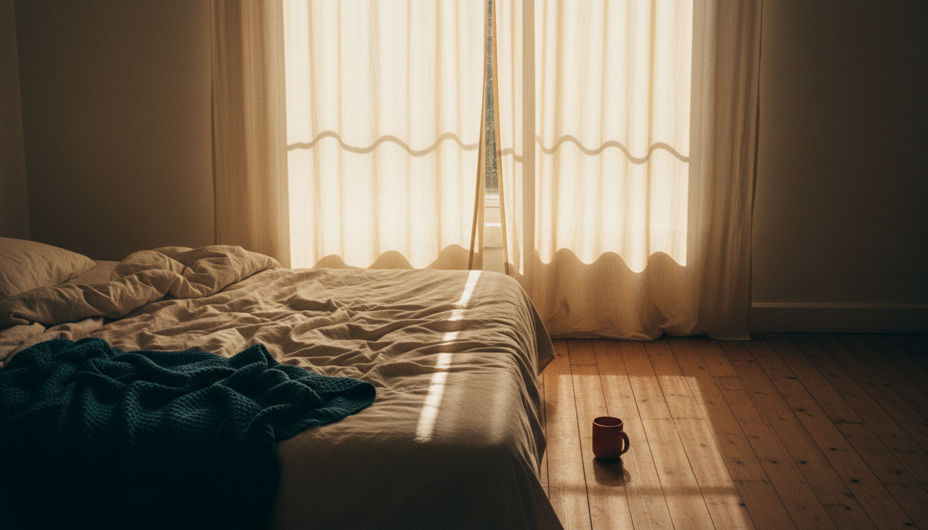 Early morning sunlight falling across rumpled cream bedding and a bare wooden floor.