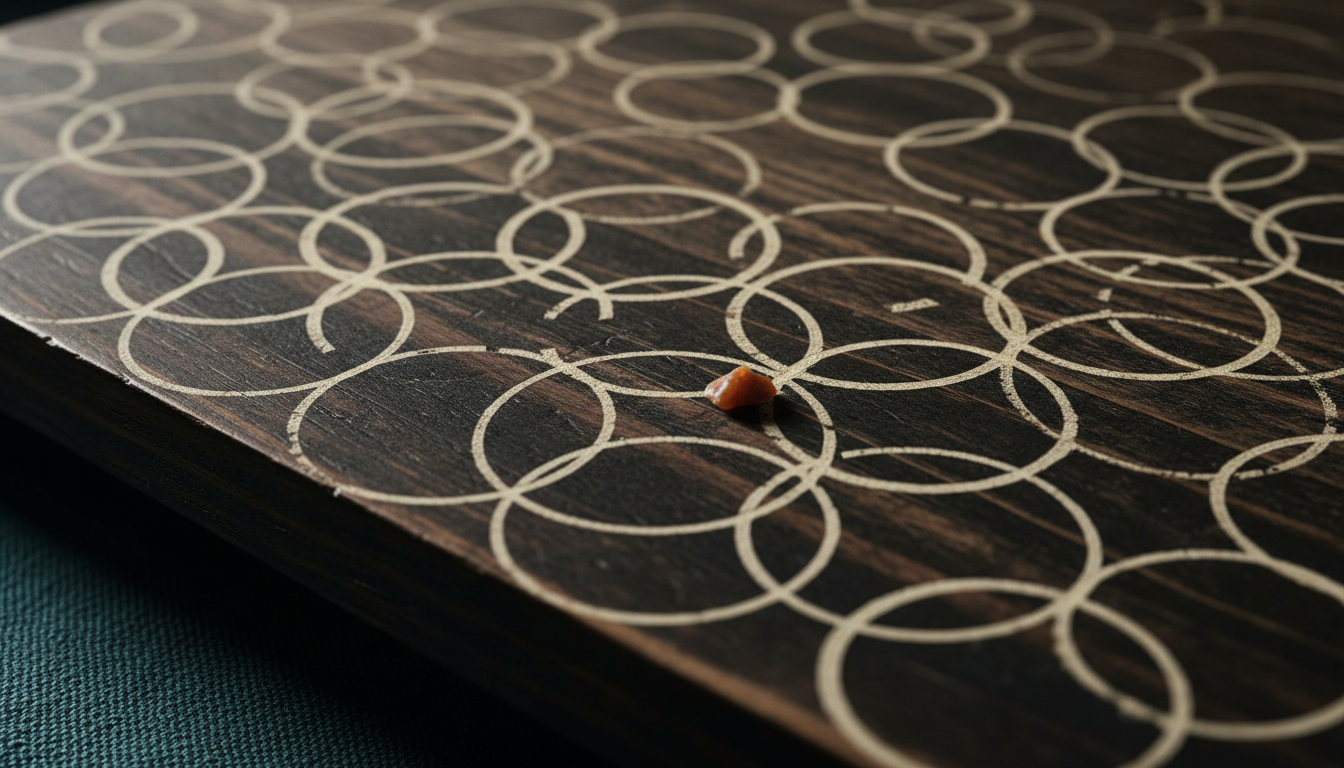 Overlapping pale rings left on a dark wooden surface by a glass set down in the same place many times.