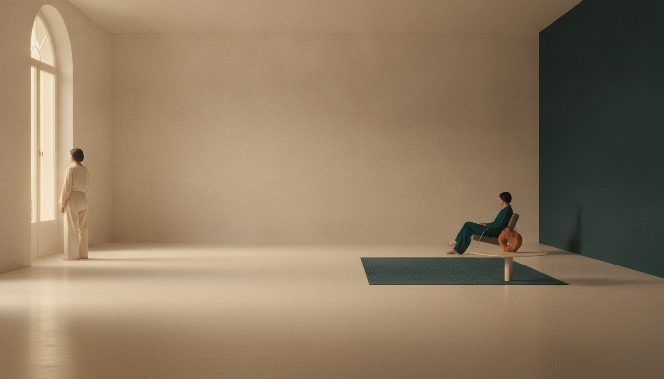 Two people at opposite ends of a room in late afternoon light, both turned away, the space between them wide and empty.