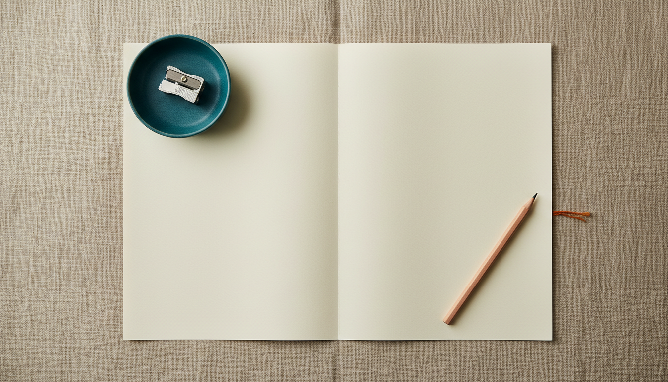 An overhead view of a blank sheet of cream paper with a soft crease down the middle and a pencil laid across one corner.